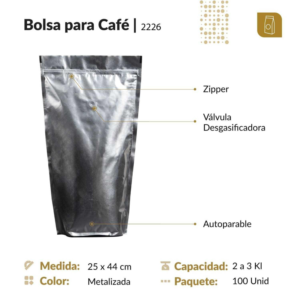 Funda parable tipo Doypack 25x44 metalizada (foil de aluminio) con válvula desgasificadora para café