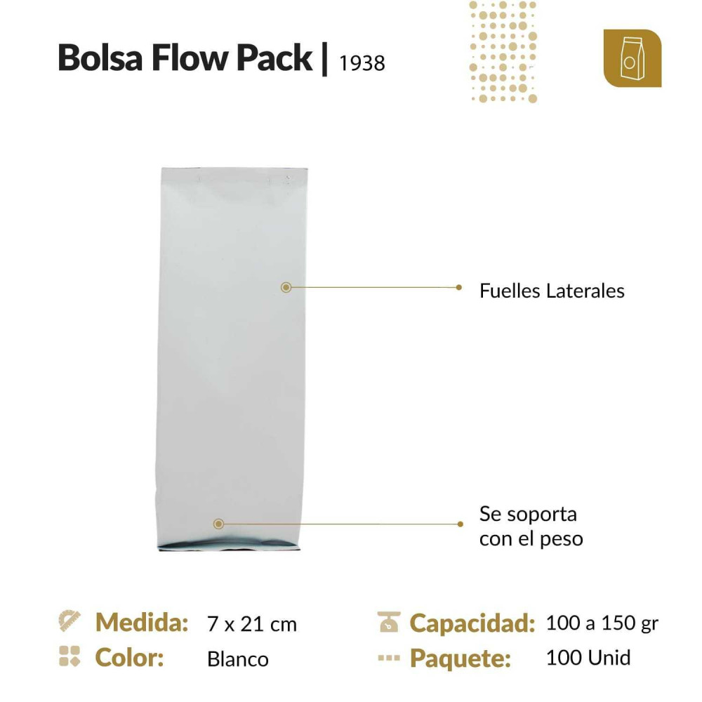 Funda flow pack trilaminada 7x21 color blanco mate capacidad 100 gr