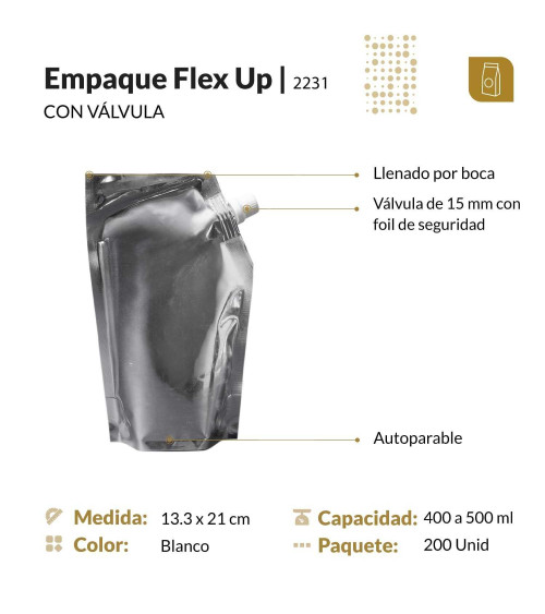 Funda parable tipo Doypack 13.3x21 cm metalizada con válvula para liquidos