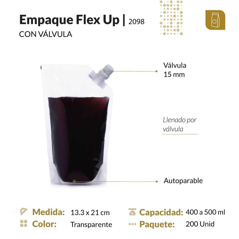 Funda parable tipo Doypack con válvula 13.3x21 cm transparente para líquidos y pastosos llenado por válvula.