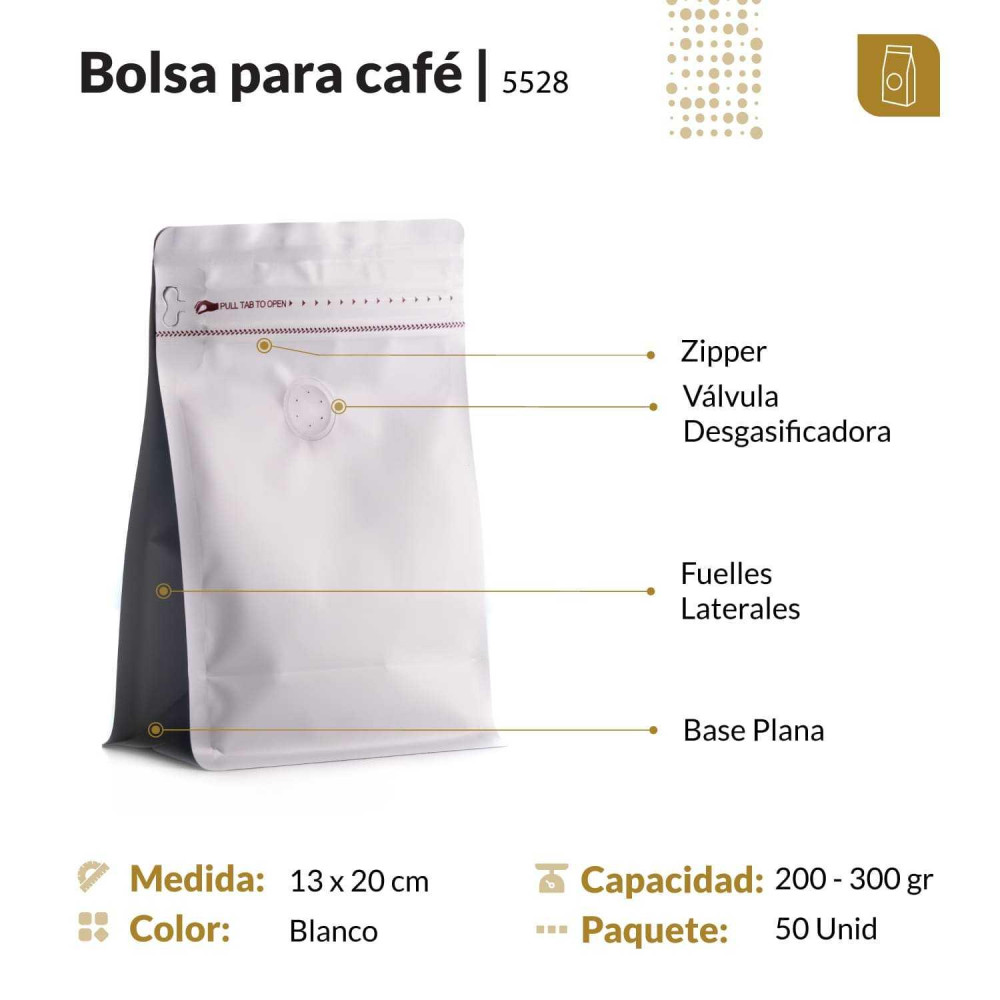 Funda 13x20 para café con zipper y válvula desgasificadora color blaco mate capacidad 200 a 300 gr