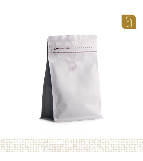 Funda 13x20 para café con zipper y válvula desgasificadora color blaco mate capacidad 200 a 300 gr