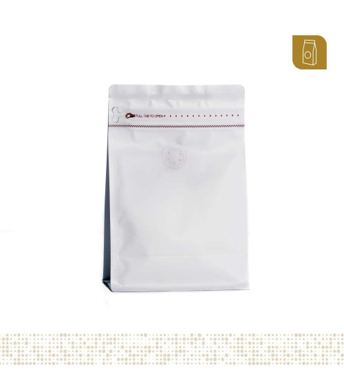Funda 13x20 para café con zipper y válvula desgasificadora color blaco mate capacidad 200 a 300 gr