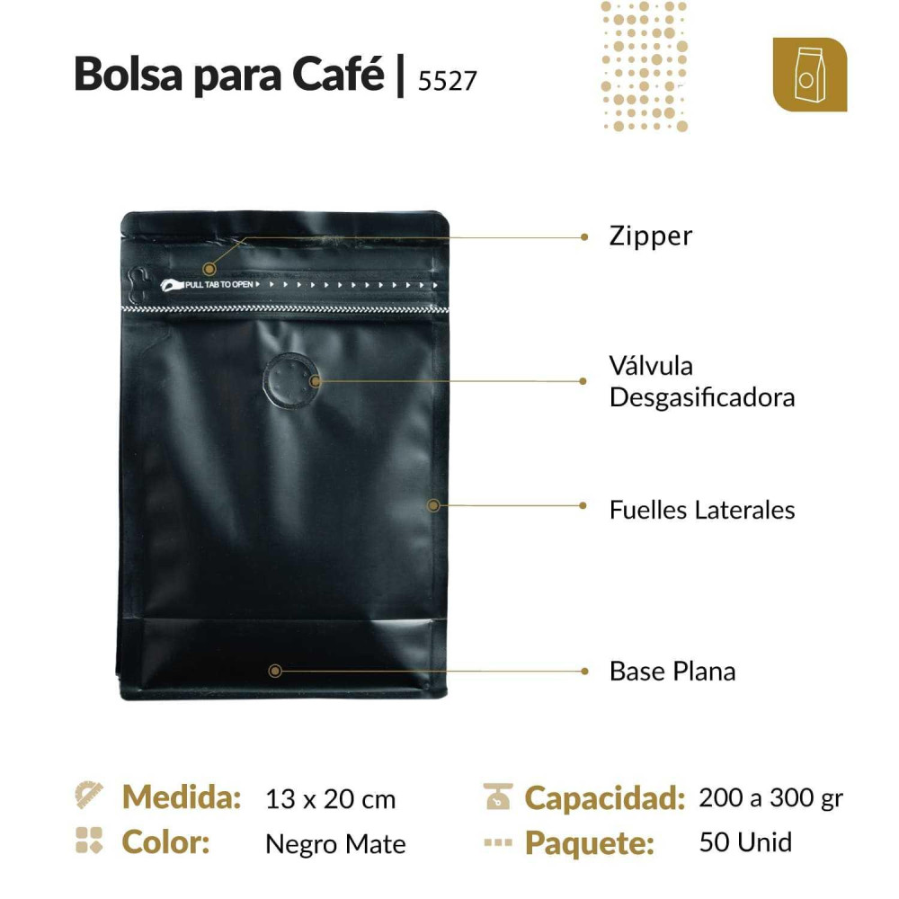 Funda 13x20 para café con zipper y válvula desgasificadora color negro mate capacidad 200 a 300 gr
