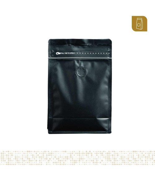 Funda 13x20 para café con zipper y válvula desgasificadora color negro mate capacidad 200 a 300 gr