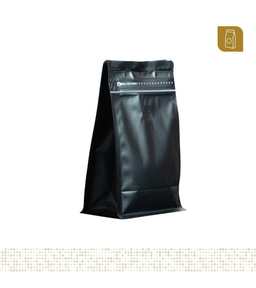 Funda 13x20 para café con zipper y válvula desgasificadora color negro mate capacidad 200 a 300 gr