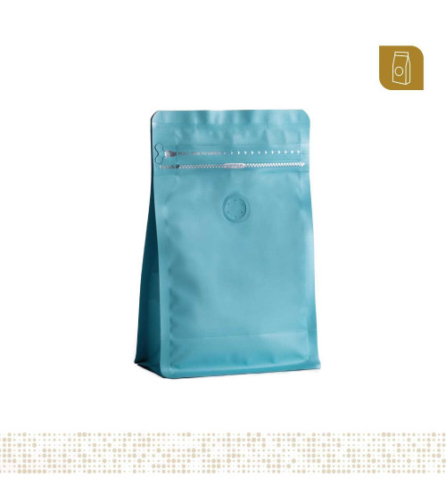 Funda 13x20 para café con zipper y válvula desgasificadora color celeste mate capacidad 200 a 300 gr