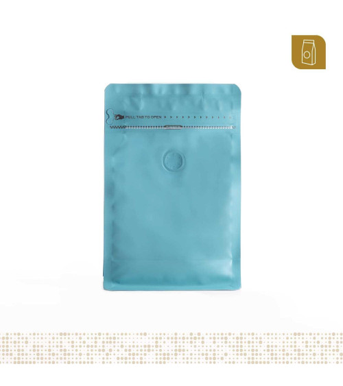 Funda 13x20 para café con zipper y válvula desgasificadora color celeste mate capacidad 200 a 300 gr