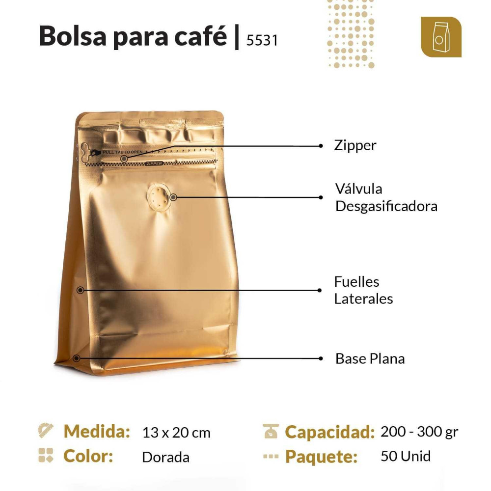 Funda 13x20 para café con zipper y válvula desgasificadora color dorado mate capacidad 200 a 300 gr