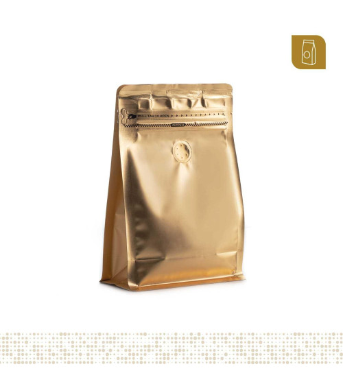 Funda 13x20 para café con zipper y válvula desgasificadora color dorado mate capacidad 200 a 300 gr