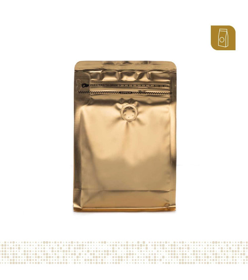 Funda 13x20 para café con zipper y válvula desgasificadora color dorado mate capacidad 200 a 300 gr