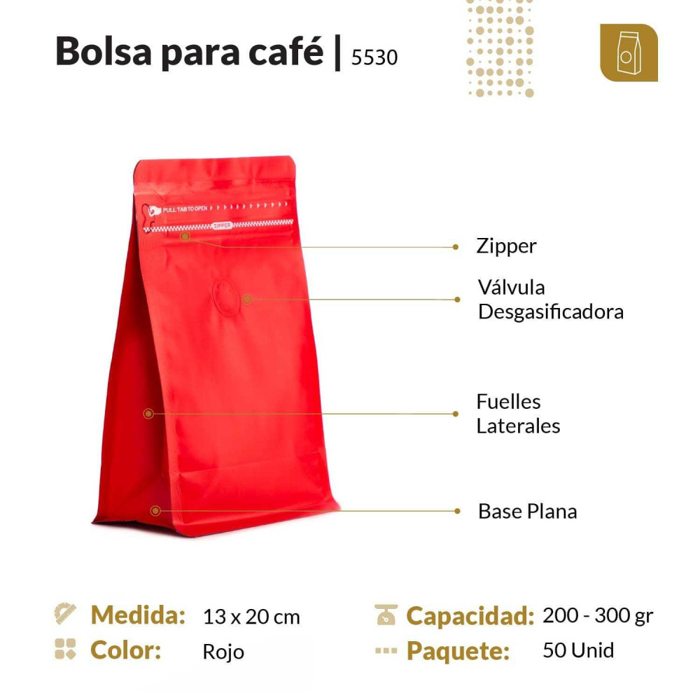 Funda 13x20 para café con zipper y válvula desgasificadora color rojo mate capacidad 200 a 300 gr
