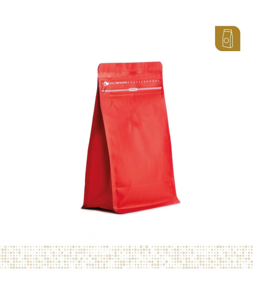 Funda 13x20 para café con zipper y válvula desgasificadora color rojo mate capacidad 200 a 300 gr