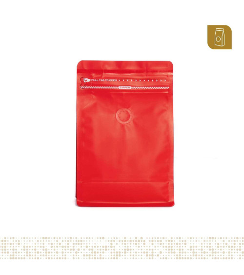 Funda 13x20 para café con zipper y válvula desgasificadora color rojo mate capacidad 200 a 300 gr