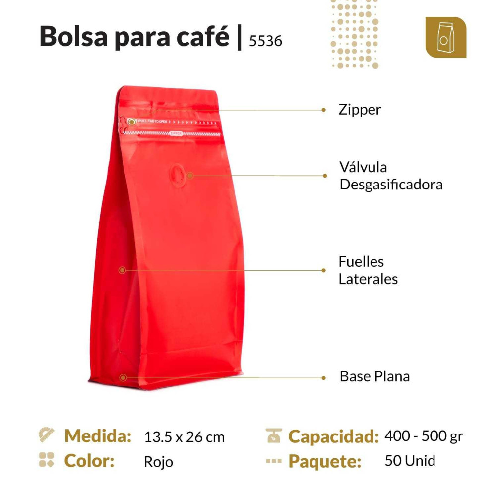 Funda 13.5x26 para café con zipper y válvula desgasificadora color rojo mate capacidad 400 a 500 gr