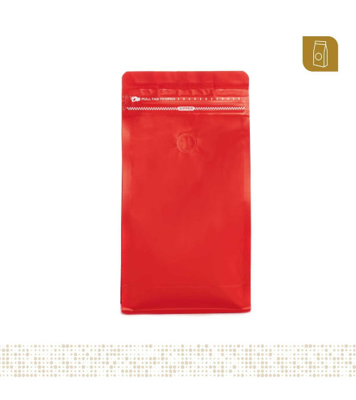 Funda 13.5x26 para café con zipper y válvula desgasificadora color rojo mate capacidad 400 a 500 gr
