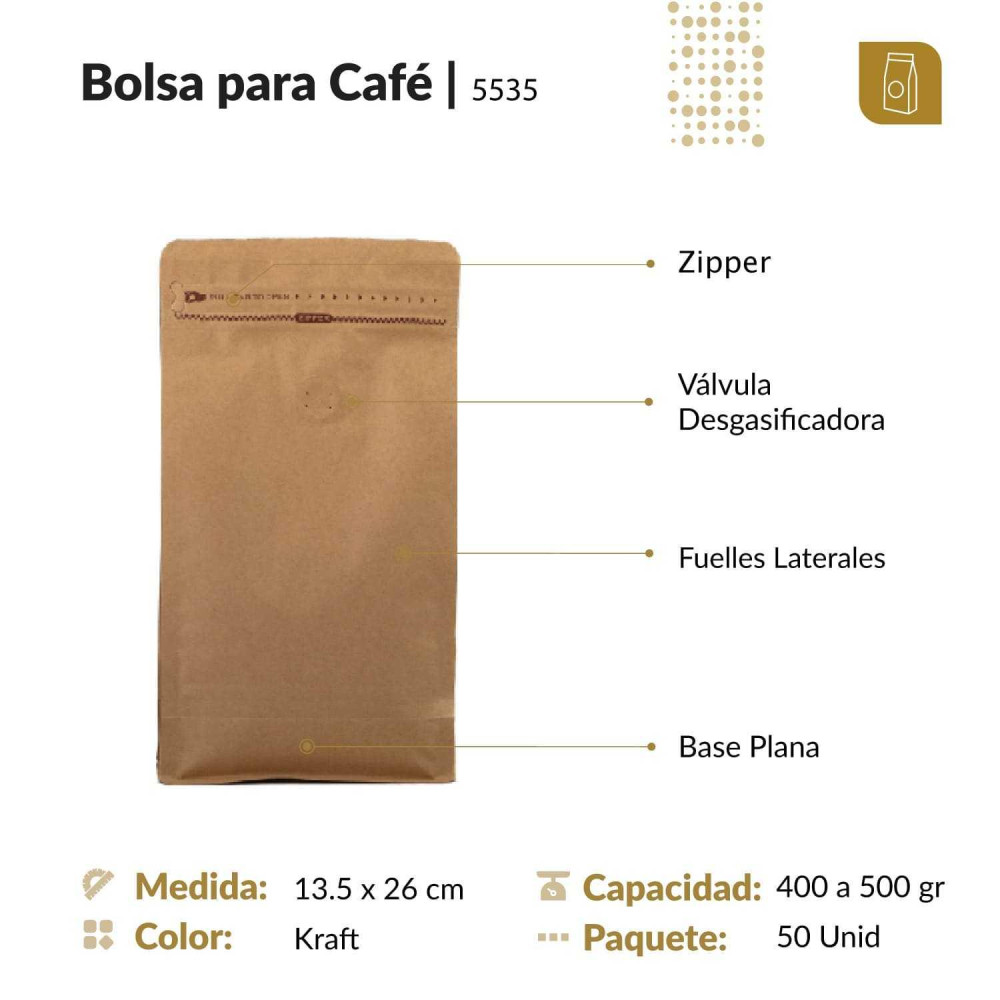 Funda 13.5x26 para café con zipper y válvula desgasificadora papel kraft capacidad 400 a 500 gr