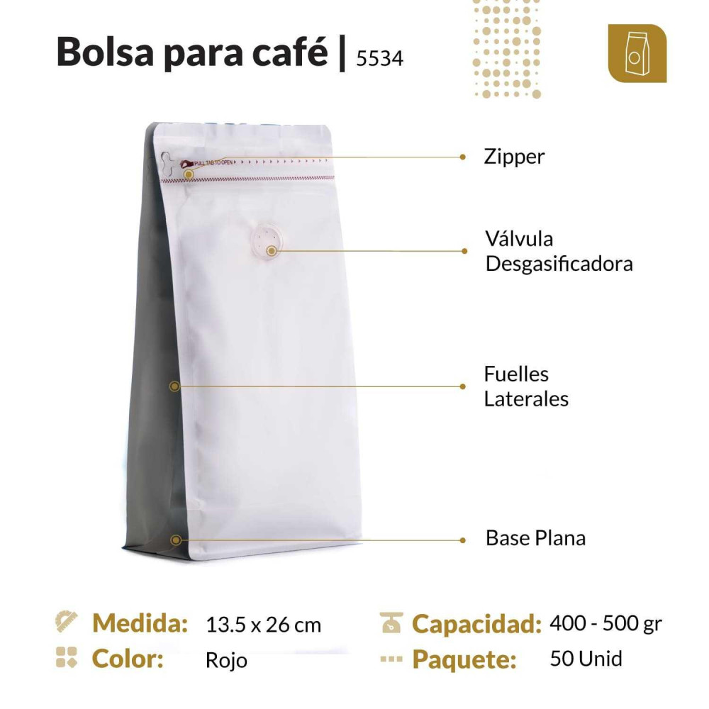 Funda 13.5x26 para café con zipper y válvula desgasificadora color blanco mate capacidad 400 a 500 gr