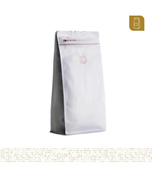 Funda 13.5x26 para café con zipper y válvula desgasificadora color blanco mate capacidad 400 a 500 gr