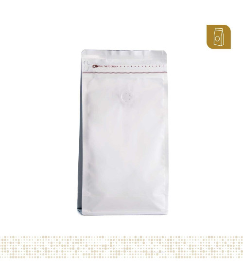 Funda 13.5x26 para café con zipper y válvula desgasificadora color blanco mate capacidad 400 a 500 gr