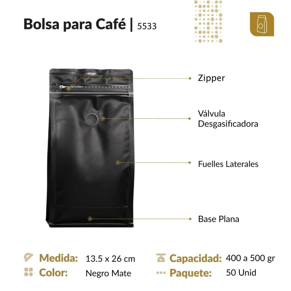 Funda 13.5x26 para café con zipper y válvula desgasificadora color negro mate capacidad 400 a 500 gr