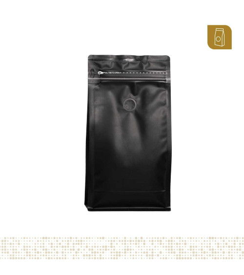 Funda 13.5x26 para café con zipper y válvula desgasificadora color negro mate capacidad 400 a 500 gr