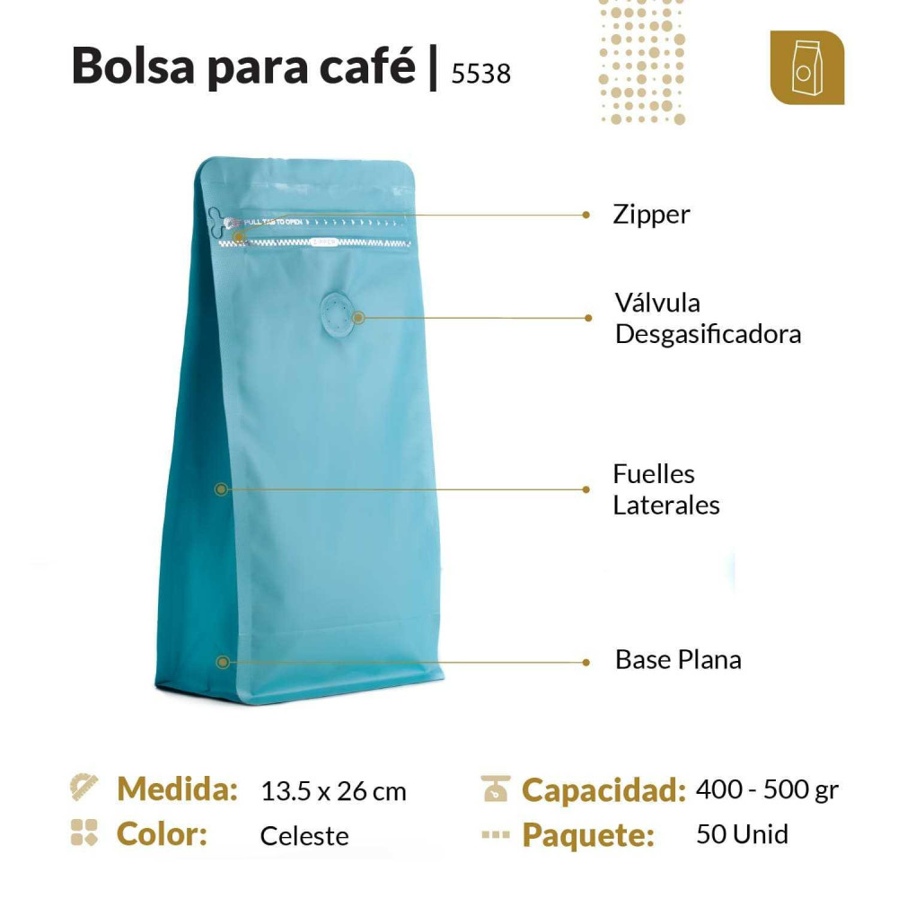 Funda 13.5x26 para café con zipper y válvula desgasificadora color celeste mate capacidad 400 a 500 gr