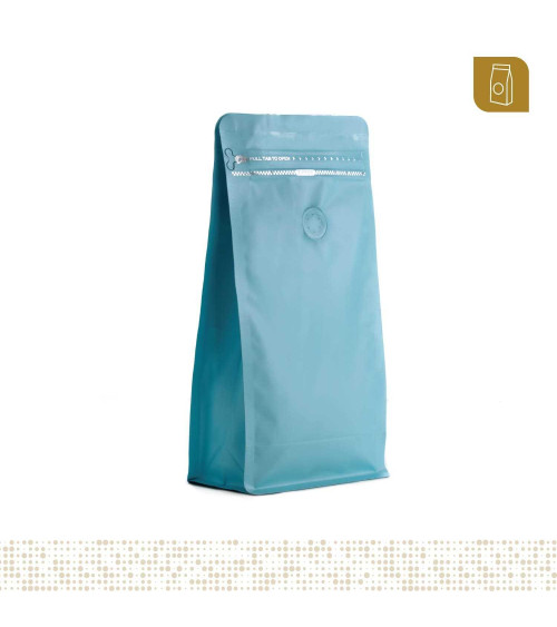 Funda 13.5x26 para café con zipper y válvula desgasificadora color celeste mate capacidad 400 a 500 gr