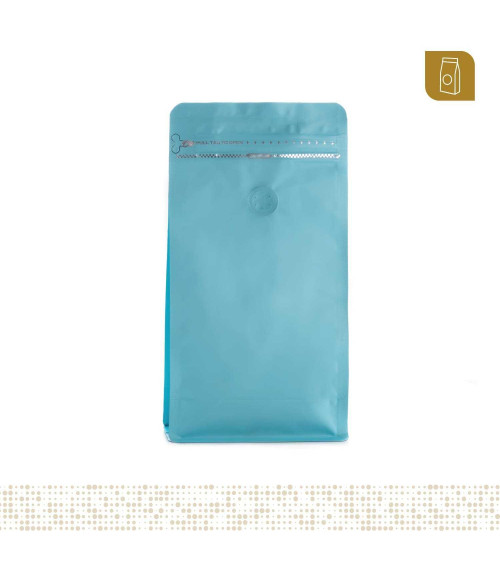 Funda 13.5x26 para café con zipper y válvula desgasificadora color celeste mate capacidad 400 a 500 gr