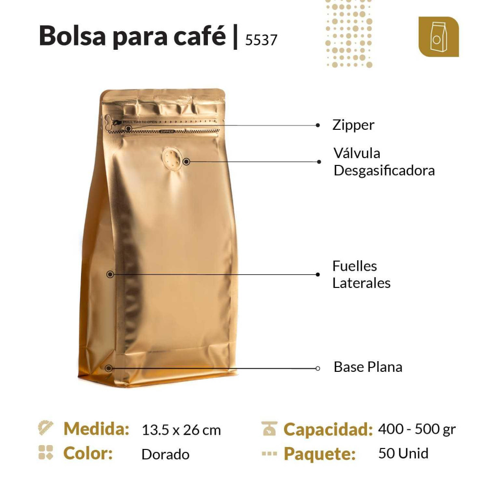Funda 13.5x26 para café con zipper y válvula desgasificadora color dorado mate capacidad 400 a 500 gr