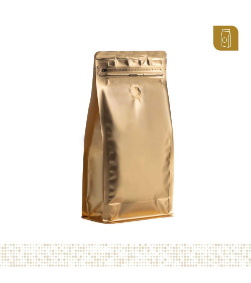 Funda 13.5x26 para café con zipper y válvula desgasificadora color dorado mate capacidad 400 a 500 gr