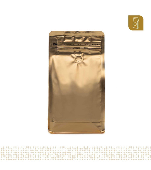 Funda 13.5x26 para café con zipper y válvula desgasificadora color dorado mate capacidad 400 a 500 gr