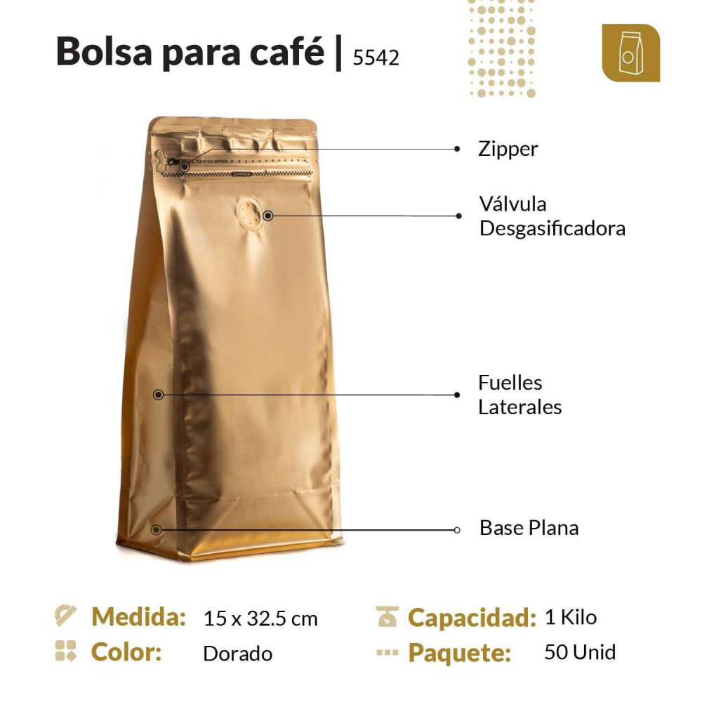 Funda 15x32.5 para café con zipper y válvula desgasificadora color dorado mate capacidad 1000 gr