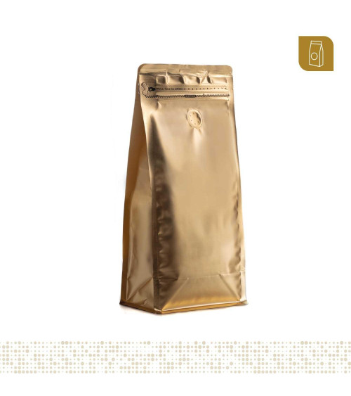 Funda 15x32.5 para café con zipper y válvula desgasificadora color dorado mate capacidad 1000 gr
