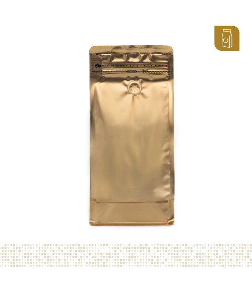 Funda 15x32.5 para café con zipper y válvula desgasificadora color dorado mate capacidad 1000 gr