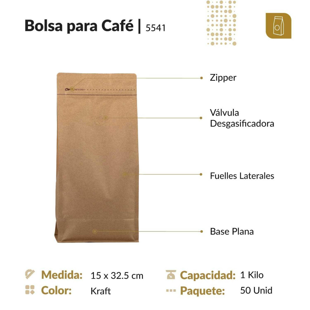 Funda 15x32.5 para café con zipper y válvula desgasificadora acabado papel kraft capacidad 1000 gr