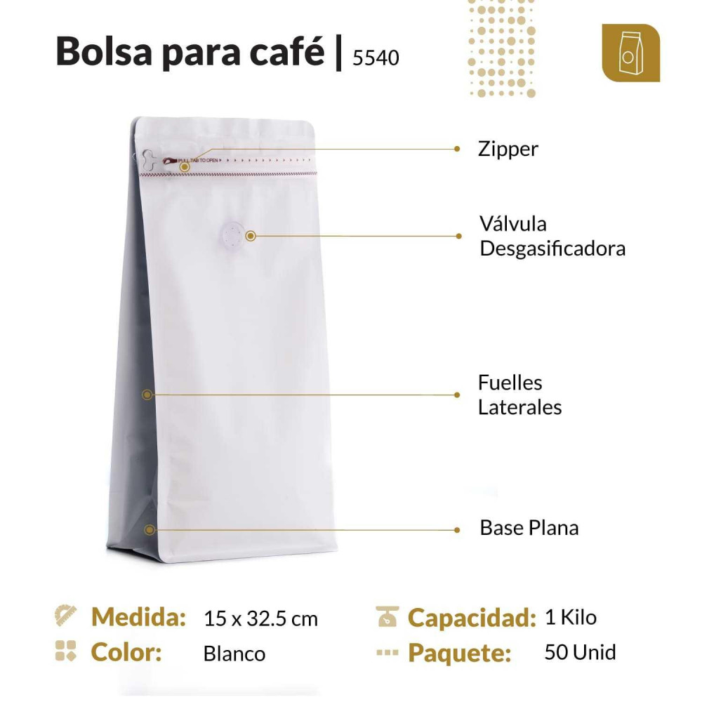 Funda 15x32.5 para café con zipper y válvula desgasificadora color blanco mate capacidad 1000 gr