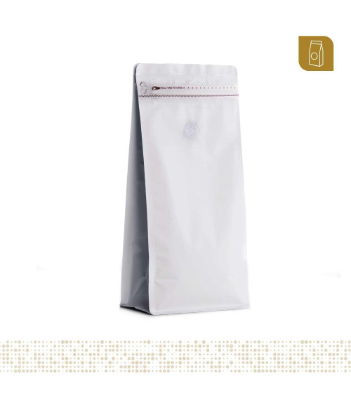 Funda 15x32.5 para café con zipper y válvula desgasificadora color blanco mate capacidad 1000 gr