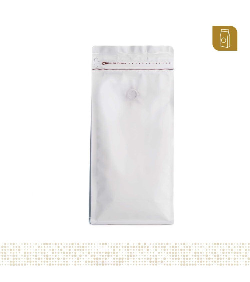 Funda 15x32.5 para café con zipper y válvula desgasificadora color blanco mate capacidad 1000 gr