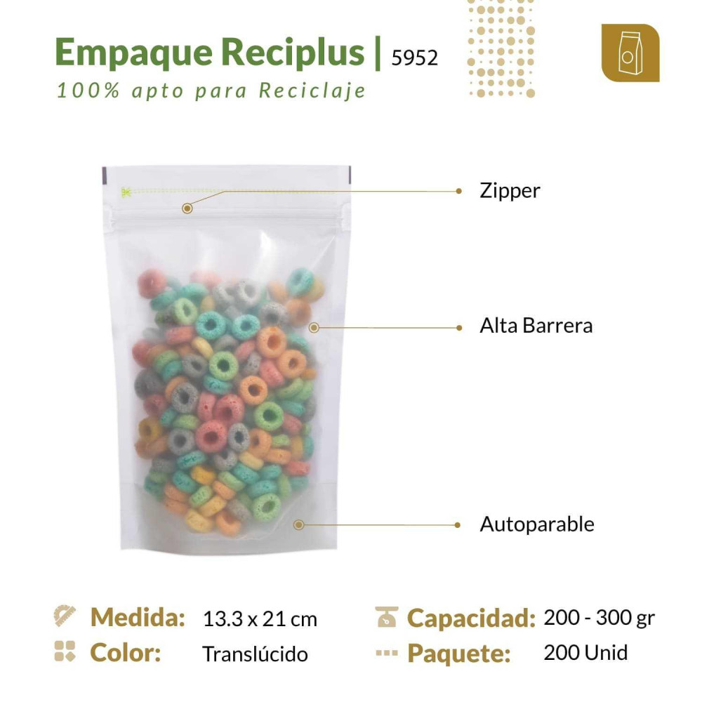 Funda parable tipo Doypack Reciplus alta barrera 13.3x21 con zipper
